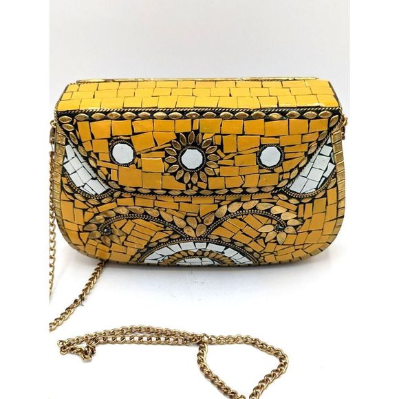Antik Kraft Handbags - Antik Kraft Amoli Clutch subway tile crossbody Copper metal Bag sun flowers